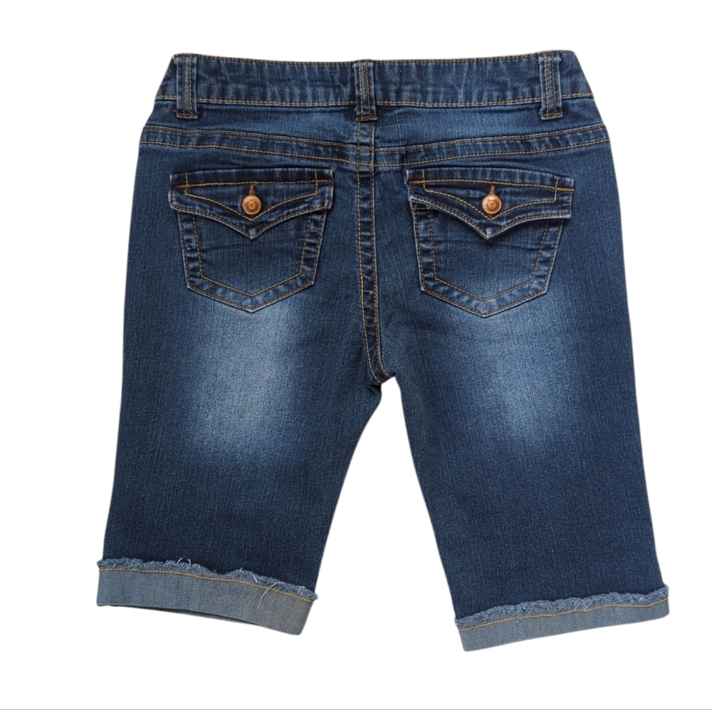 2.1 Denim Distressed Cuffed Hem Bermuda Jean Shorts 27 Blue Flap Button Pockets